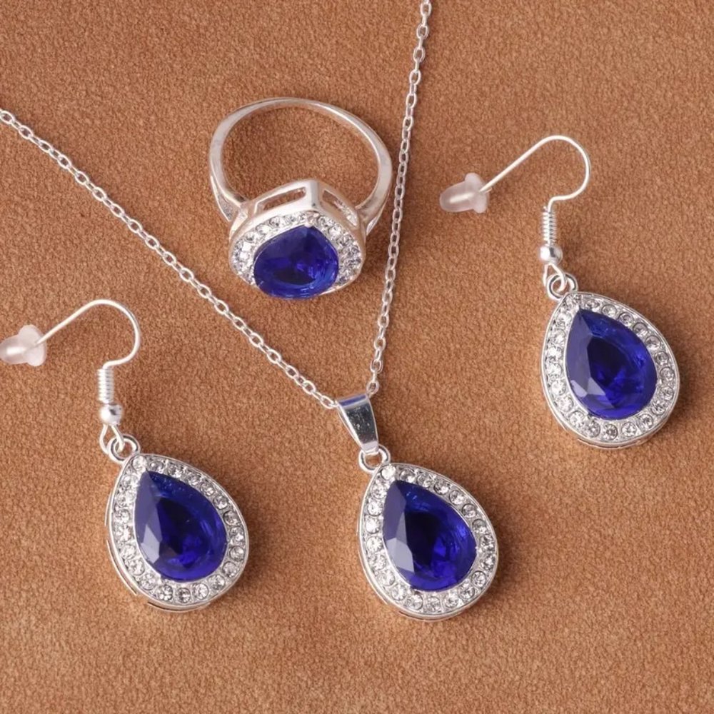 Blue Water Drop Rhinestones Jewelry Set Pendant Necklace, Earrings & Ring
